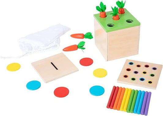 Adena Montessori 3 for 1 Wooden Montessori Play Kit Baby Toys,includes Matchstick Color Drop Game,Carrot Harvest Game and Coin Box,Learning Toy for Kid 1,2,3 Year Old,Girl Boy Gift for Baby 6-12 Month