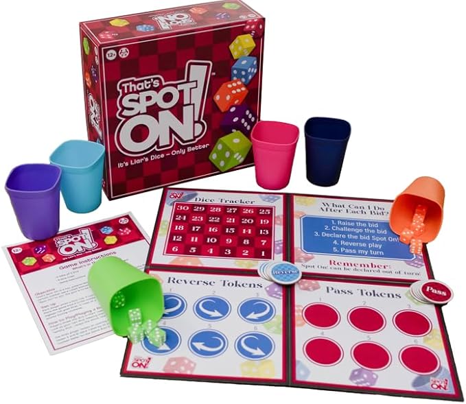 That's Spot On! Best Bluffing Strategy Game - Board, 6 Cups, 12 Tokens, 30 Dice – 2 to 6 Players, Ages 12+, Family Fun or Game Nights with Friends
