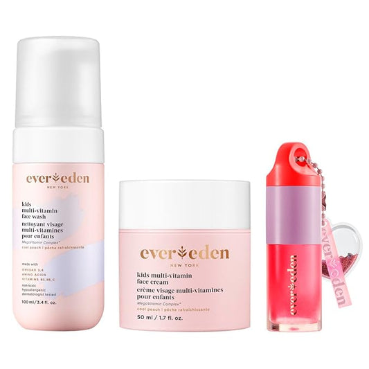 Evereden Happy Kids Skin & Lips Routine - Multi-Vitamin Face Wash & Face Cream Peach & Tinted Lip Oil Ruby Red Set - Clean & Vegan Skin Care for Kids 3+ - Moisturizing, Nourishing, & Protective