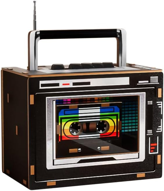 3D Puzzle Vintage Radio, DIY Assembly Model with FM Radio Function, Wood Construction, (Black)