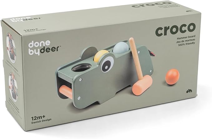 Done by Deer Hammer Board Croco Green - Wooden Activity Toy for Hand-Eye Coordination and Sense of Hearing - Green Color with Colorful Elements - Soft, Durable Fabric Flap with Crinkling Sound