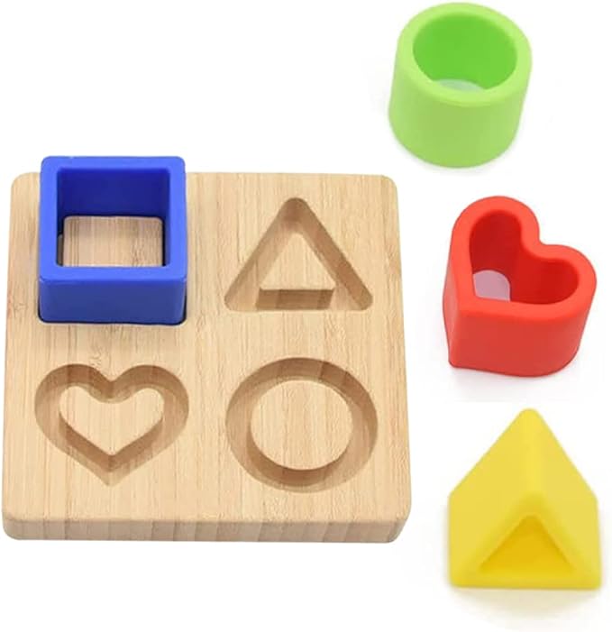My Little Nugget Silicone (Heart) Puzzle Shape Toy with a Bamboo Base, Stacking Blocks, Safe Teething & Squeezing Play, BPA Free, Developmental and Educational Toy for Kids,