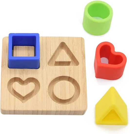My Little Nugget Silicone (Heart) Puzzle Shape Toy with a Bamboo Base, Stacking Blocks, Safe Teething & Squeezing Play, BPA Free, Developmental and Educational Toy for Kids,