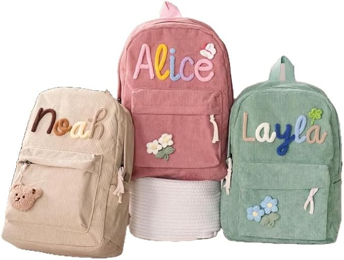 Personalized Corduroy Backpack, Custom School Bag with Embroidered Name, Customize Monogram Book Bag Back to School Gifts for Toddlers and Kids
