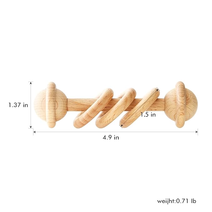 Wooden Baby Rattle, Newborn Wooden Rattle Toy, Natural Wooden Montessori Baby Grip 3 Ring Toy, Baby Gift Toy, Wood Rattle-2
