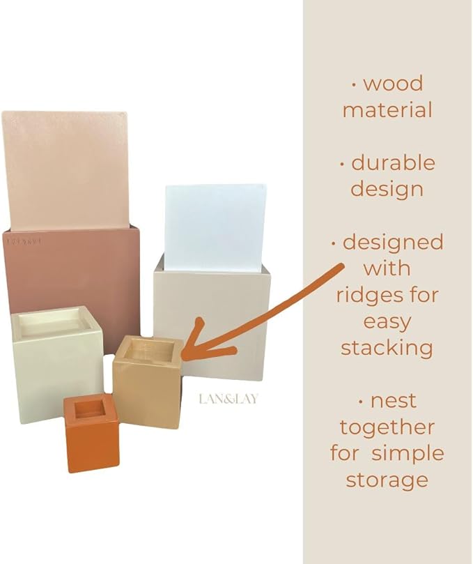 Wood Stacking Blocks for Toddlers 1-3 | LAN&Lay Durable Building Blocks | Wooden Educational Toys, Neutral