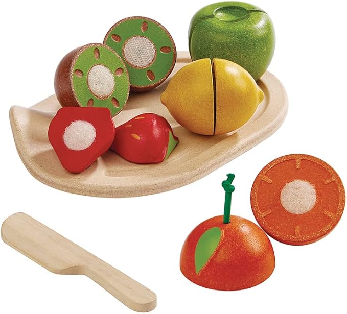PlanToys 7 Piece Assorted Fruit Kitchen Food Playset (3600) | Sustainably Made from Rubberwood and Non-Toxic Paints and Dyes