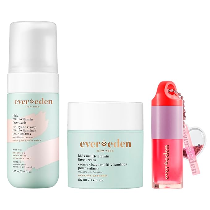 Evereden Happy Kids Skin & Lips Routine - Multi-Vitamin Face Wash & Face Cream Melon & Tinted Lip Oil Ruby Red Set - Clean & Vegan Skin Care for Kids 3+ - Moisturizing, Nourishing, & Protective