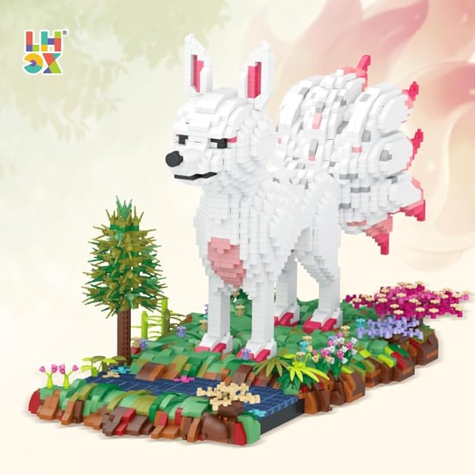 Forest Animal Micro Building Blocks Set - Nine Tailed Fox Stand in Lawns - Flowers and Trees, 4160 PCS Collectible Building Toy Gift for Adults and Kids Ages of 14+