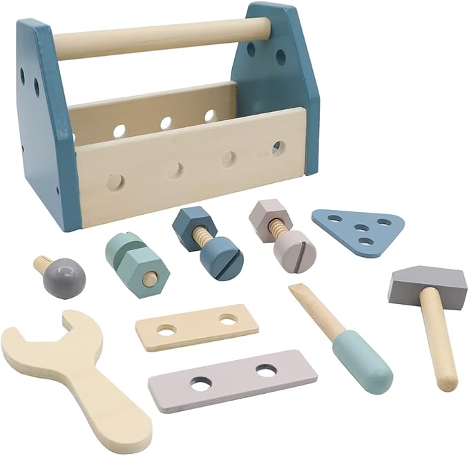 Montessori Wooden Tools Toddler Educational Construction Kids Toys Sets Play Box Preschool Play Tool（Blue）