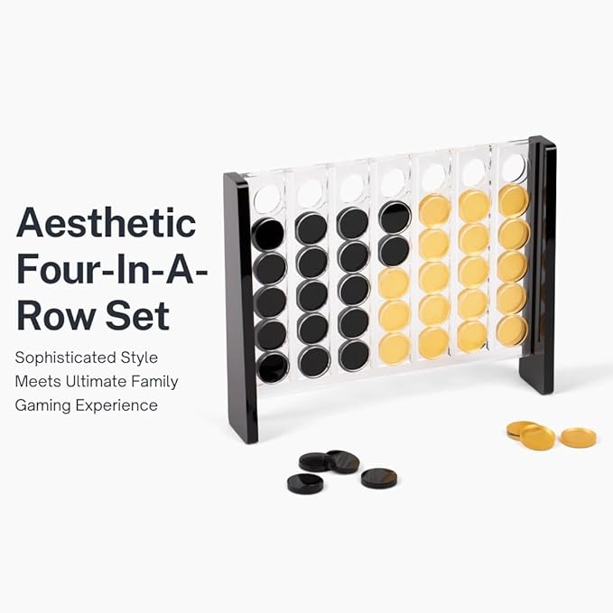 Unique Four in a Row - Acrylic 4 in a Row Game - Board Game Decor - Coffee Table Game - 2 Player Family Game - Connect The Four Pieces - Classic Strategy Game (Black and Gold)