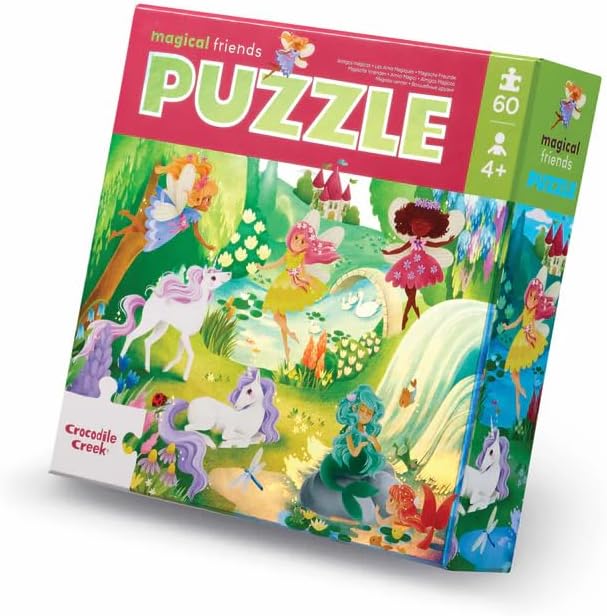 Crocodile Creek 60-Piece Holographic Foil Floor Puzzle for Kids Ages 4-8 and Up - Heavy-Duty Box for Storage - Magical Friends - 14” x 19” Finished