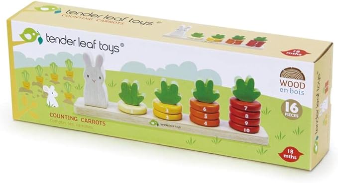 Tender Leaf Toys - Counting Carrots - Wooden Ring Stacker - Educational Toy for Early Learning, Counting, Color Sorting, and Hand-Eye Coordination - Montessori Inspired Toy for Kids - Age 18 Month+