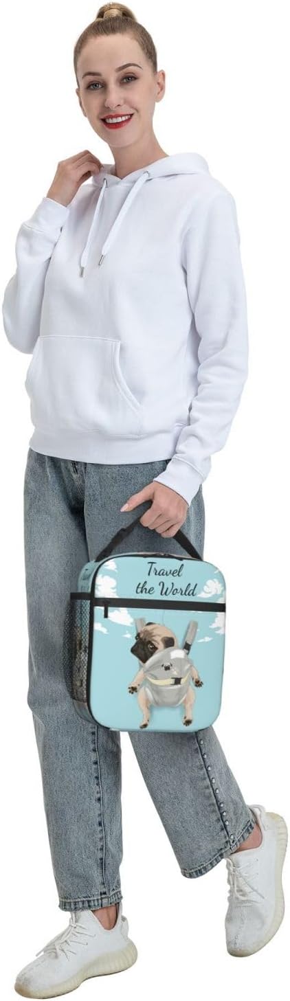 Cute Pet Pug Reusable Lunch Box Food Bag Insulated Lunch Bag for Teenage Boys Girls School Beach