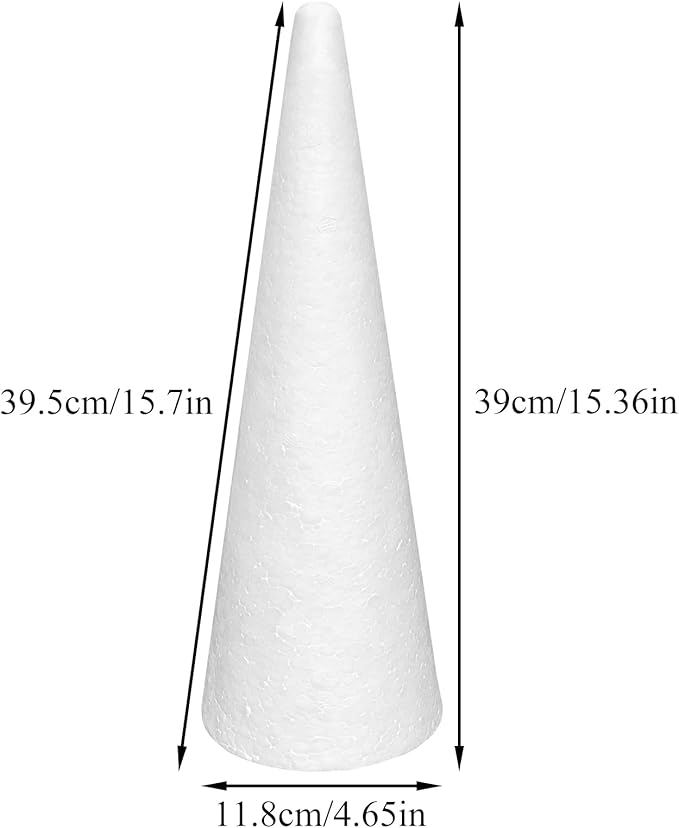 Crafjie Foam Cones for DIY Arts and Crafts (4.65 x 15.7 in, 2 Pack), White Polystyrene Christmas Tree Foam Cones Craft Supplies, for DIY Home Craft Project, Christmas Tree, Table Centerpiece