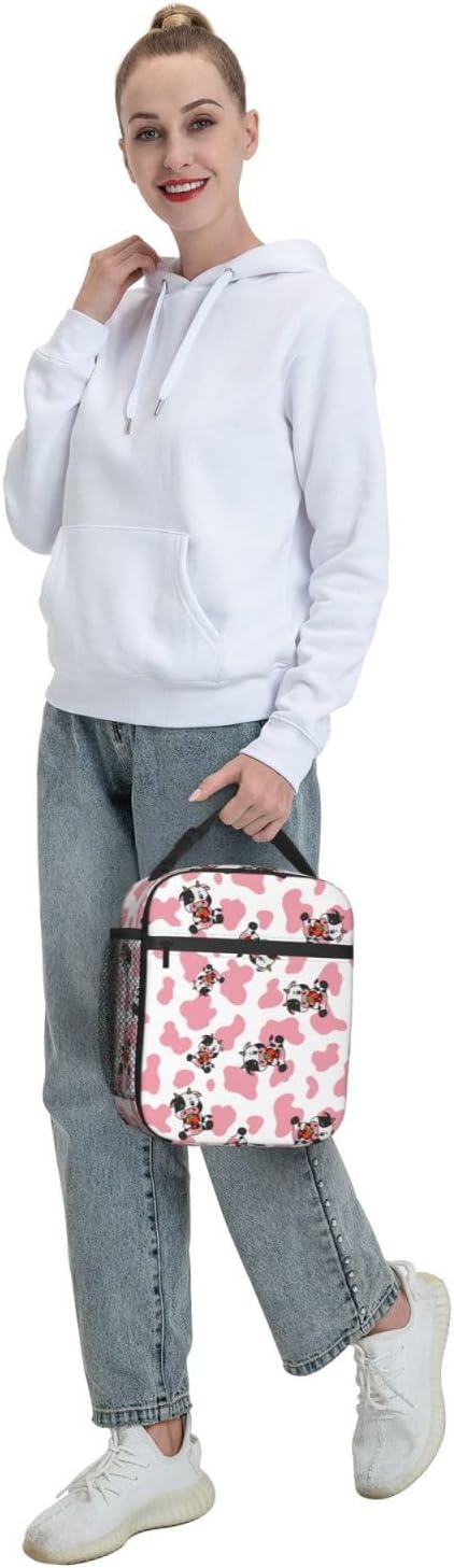 Strawberry Pink Cows Print Reusable Lunch Box Food Bag Insulated Lunch Bag for Teenage Boys Girls School Beach
