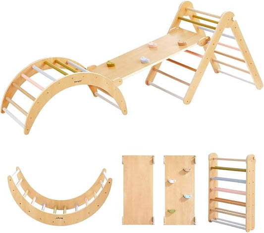 Asweets 4 in 1 Pikler Triangle Gym, Montessori Foldable Climber with Ramp, Indoor Climbing Toys for Kids, Climbing Triangle for Toddlers Arch Climber, Rocker, Learning Waldorf Children Toy, Light