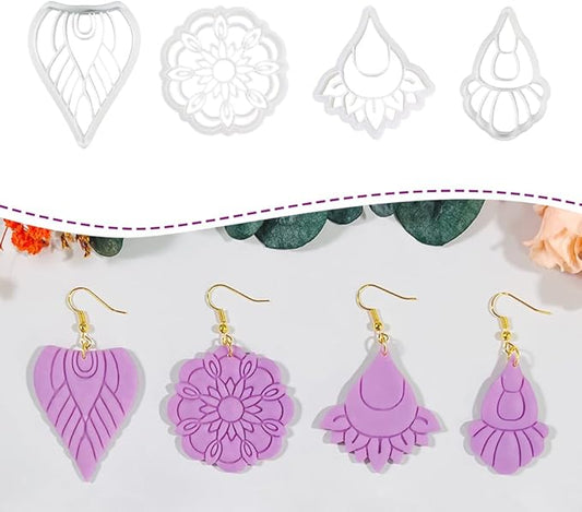 Polymer Clay Cutters Boho Earring Set – 4PCS Mandala Flower & Tribal Clay Cutters for Polymer Clay Jewelry, Clay Earring Cutters and Tools for DIY Craft Making