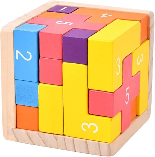 Wooden Puzzle Blocks Brain Teasers Game 3D Building Toy Geometric Wood Shape Puzzles 20Pcs Montessori STEM Educational Toys Gift for Kids Adults
