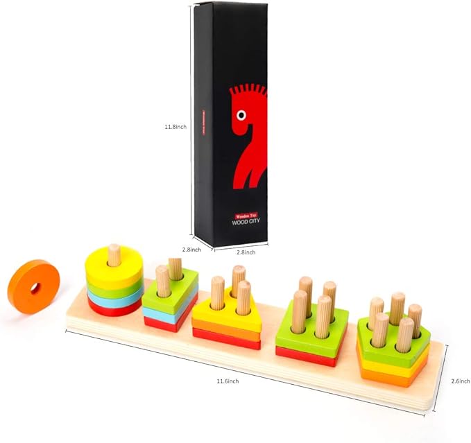 WOOD CITY Wooden Sorting & Stacking Toy, Shape Sorter Toys for Toddlers, Montessori Color Recognition Stacker, Early Educational Block Puzzles for Kids 1 2 3 Years Old Boys and Girls (5 Shapes)
