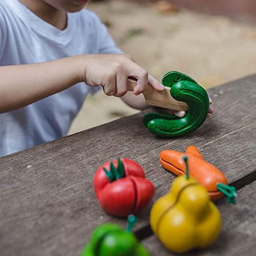PlanToys® Wonky Fruit & Vegetables Wooden Playset Includes 5 Sliceable Fruits & Veggies | Pretend Cutting Food Toy with Wooden Knife | Montessori Toy for Toddlers