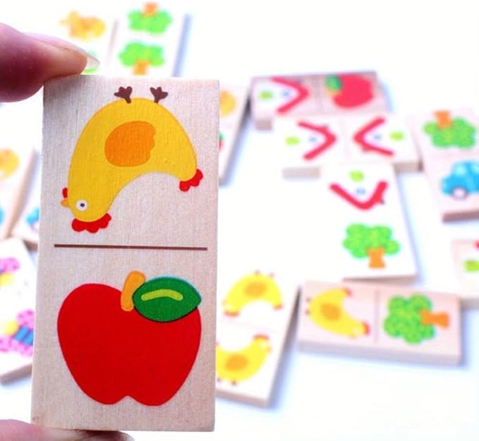 28 Pcs Wooden Domino Puzzle Game - Multicolor Fruit & Animal Design, Educational Family Logic and Thinking Skill Development Toy, Montessori Toys, Matching & Learning Board Game, Gift for Age 3+