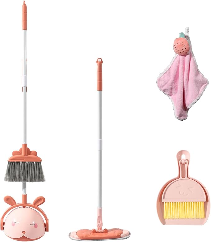 Kids Cleaning Toy Set, Mini Child Broom, Mop and Dustpan, Little Housekeeping Helper Set ,Pretend Home Cleaning Play Set for Toddler Age 1-5,6pcs (Pink)