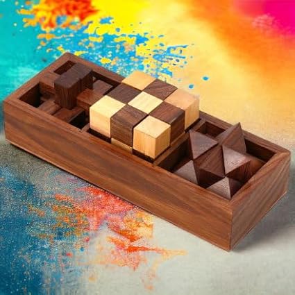 Ajuny 3-in-One Wooden Puzzle Games Set - 3D Puzzles for Teens and Adults - Challenging Brain Teasers 3D Puzzle IQ Logic Handcrafted Games, Includes Decorative Storage Box Best Gift 3 in 1 Game Set