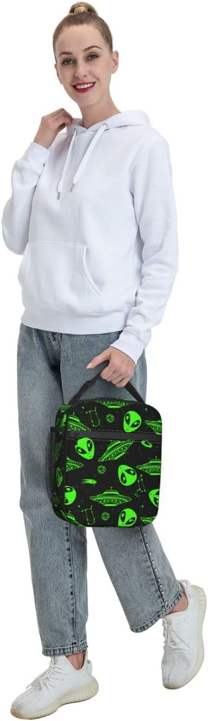 Green Ufo Alien Star Reusable Lunch Box Food Bag Insulated Lunch Bag for Teenage Boys Girls School Beach