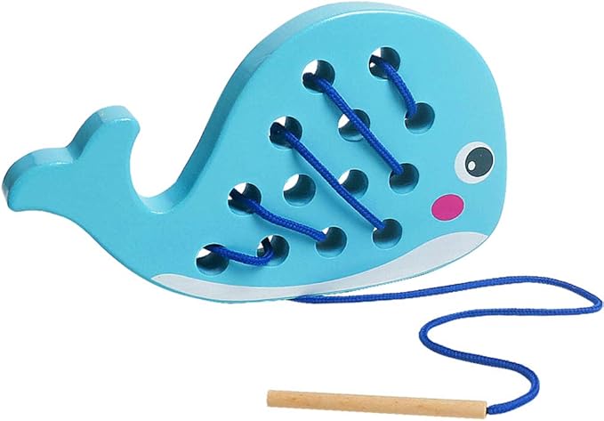 Skrtuan Wooden Lacing Whale Toy - Montessori Travel Puzzle Game with Car & Airplane, Fine Motor Skills Educational Toys for Toddlers 3 4 5 Years