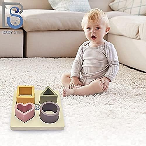 Baby Step Beige Silicone Shape Sorter Puzzle for Toddlers 6-24 Months - Montessori Educational Toy - Enhances Color Recognition & Fine Motor Skills - Beige