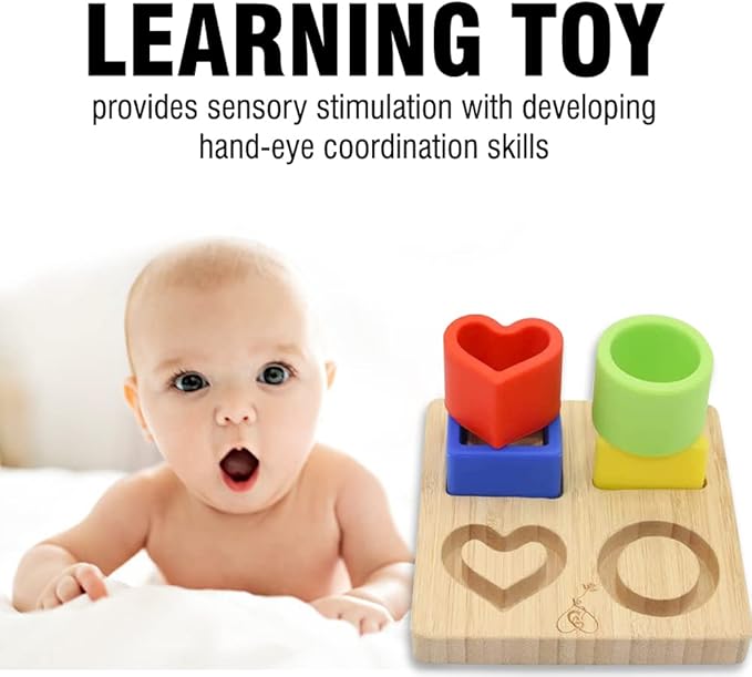 My Little Nugget Silicone (Heart) Puzzle Shape Toy with a Bamboo Base, Stacking Blocks, Safe Teething & Squeezing Play, BPA Free, Developmental and Educational Toy for Kids,