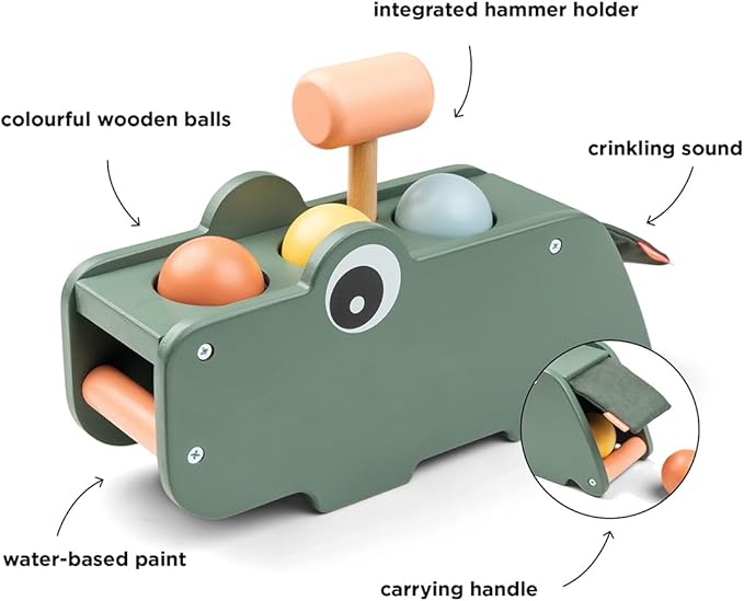 Done by Deer Hammer Board Croco Green - Wooden Activity Toy for Hand-Eye Coordination and Sense of Hearing - Green Color with Colorful Elements - Soft, Durable Fabric Flap with Crinkling Sound