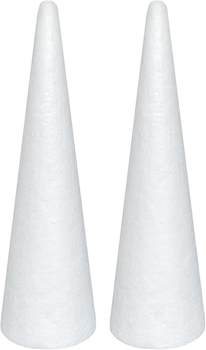 Crafjie Foam Cones for DIY Arts and Crafts (4.1 x 13.6 in, 2 Pack), White Polystyrene Christmas Tree Foam Cones Craft Supplies, for DIY Home Craft Project, Christmas Tree, Table Centerpiece