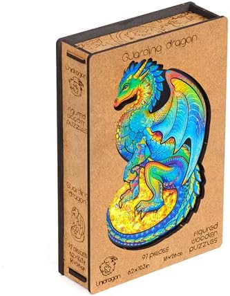 UNIDRAGON Wooden Puzzles for Adults Unique Jigsaw Puzzles - Small Guarding Dragon Small 6.2" х10.3 97 PCS Deko with Cut 0.03 mm Wood Accuracy Animal