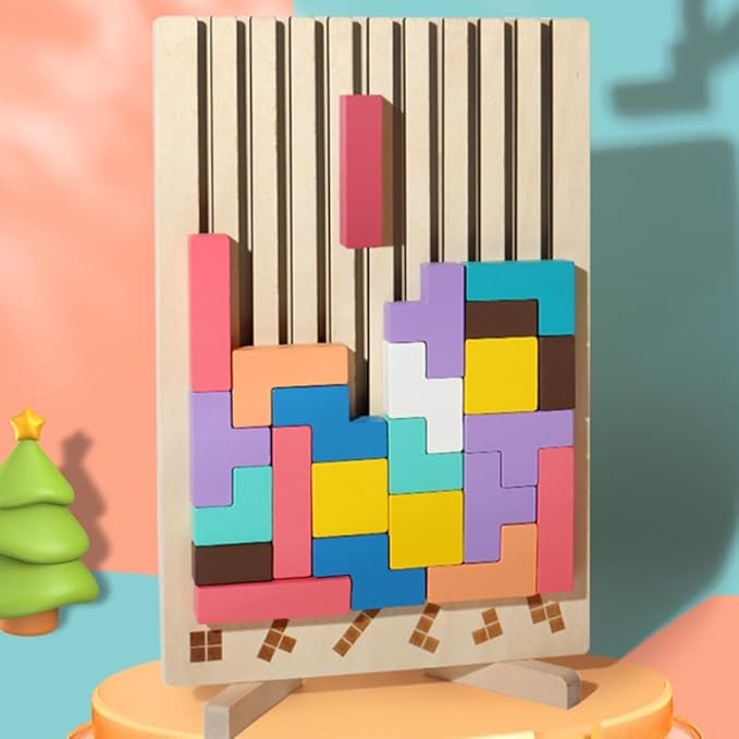 Wooden Block Puzzle, Educational Brain Teaser, 12 Colorful Pieces, Ages 3+