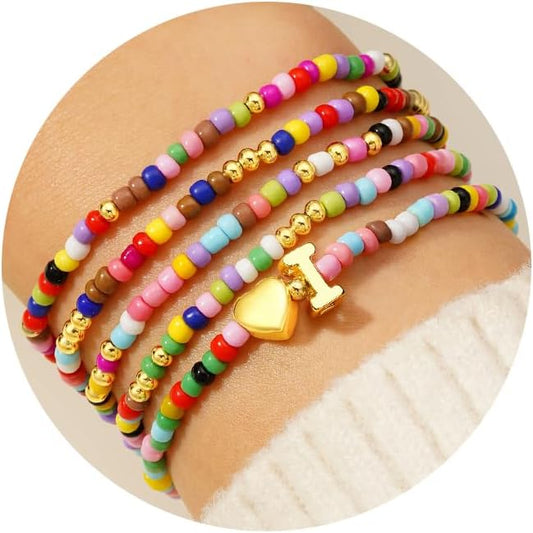 M MOOHAM 5PCS Colorful Beaded Initial Bracelets for Girls Women - Cute Stretch Heart Letter Beaded Bracelet Bohemian Initial Stackable Bracelet Birthday Gift Jewelry for Kids Teen Girl