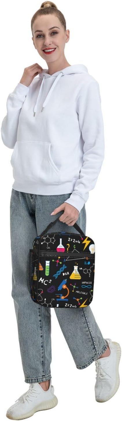 Science Chemistry Biology Physics Pattern Reusable Lunch Box Food Bag Insulated Lunch Bag for Teenage Boys Girls School Beach