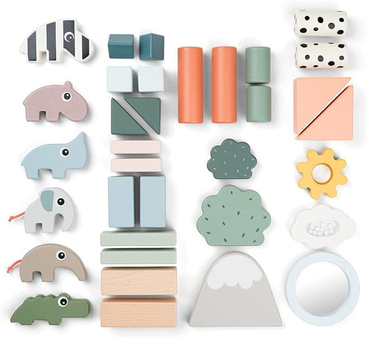 Done by Deer Building Blocks Set 34 pcs - Deer Friends - Colour Mix - Classic and Educational Toddler Activities - Wooden Toy Set for Toddlers - Stacking Toys for Toddlers 1-3, Montessori Play Sets