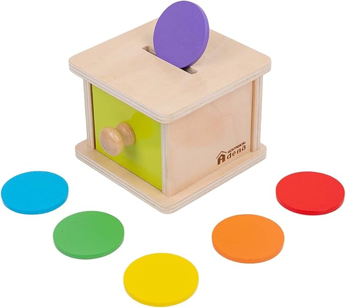 Adena Montessori Coin Box,Object Permanence Box Toys for 1 Year Old Baby Coins,Wooden Montessori Ball Drop Toys Developmental Toys for 6-12 Month Infant Toys,Learning Kids Gifts(Yellow-Green Door)