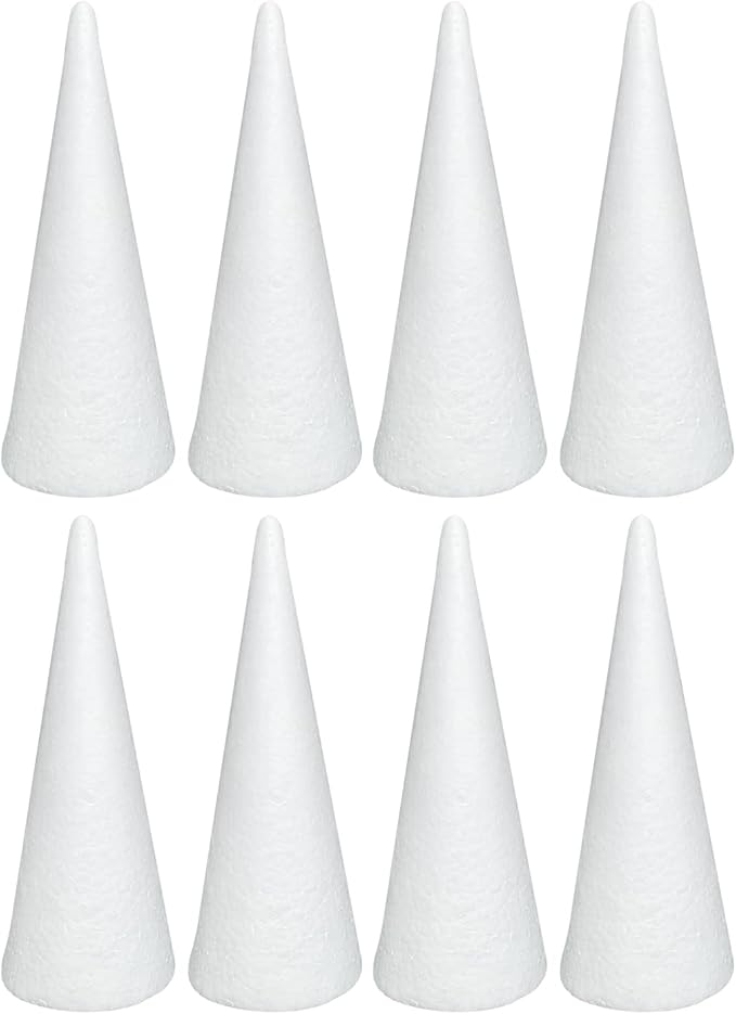 Crafjie Foam Cones for DIY Arts and Crafts (3.75 x 9.7 in, 8 Pack), White Polystyrene Foam Cones Christmas Tree Craft Supplies, for DIY Home Craft Project, Christmas Tree, Table Centerpiece