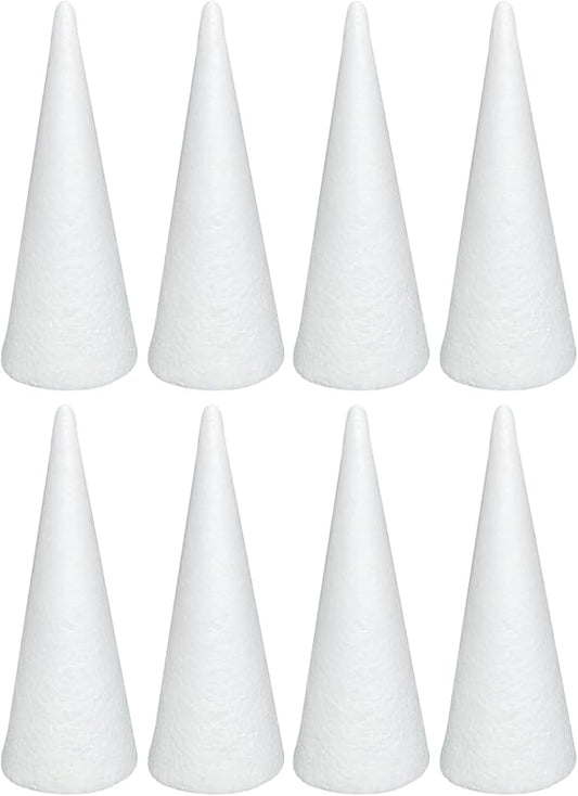 Crafjie Foam Cones for DIY Arts and Crafts (3.75 x 9.7 in, 8 Pack), White Polystyrene Foam Cones Christmas Tree Craft Supplies, for DIY Home Craft Project, Christmas Tree, Table Centerpiece