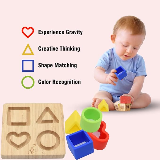 My Little Nugget Silicone (Heart) Puzzle Shape Toy with a Bamboo Base, Stacking Blocks, Safe Teething & Squeezing Play, BPA Free, Developmental and Educational Toy for Kids,