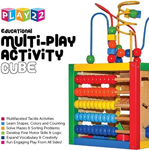 Wooden Activity Play Cube 6 in-1 for Baby with Removable Bead Maze, Shape Sorter, Abacus Counting Beads & Numbers, Sliding Shapes, 8Pcs Stacking Cups – Play22