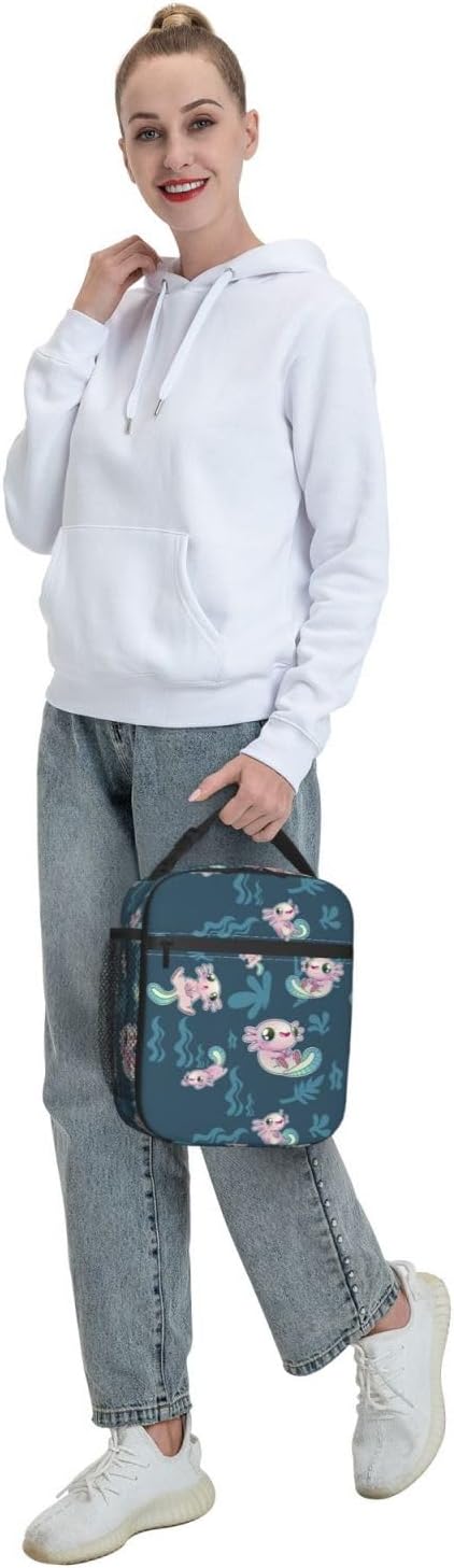 Cute Axolotl Print Reusable Lunch Box Food Bag Insulated Lunch Bag for Teenage Boys Girls School Beach