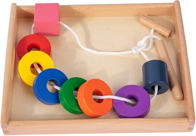 Adena Montessori Wooden Lacing with Tray Stringing Bead Set Toy,Montessori Wooden Beads Shape Sequencing Set for 1 2 3 Year Old Toddler,Fine Motor Skills Preschool Educational Learning for Kids Gifts