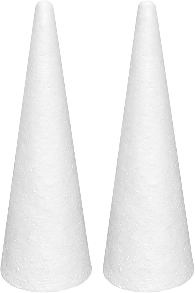 Crafjie Foam Cones for DIY Arts and Crafts (4.65 x 15.7 in, 2 Pack), White Polystyrene Christmas Tree Foam Cones Craft Supplies, for DIY Home Craft Project, Christmas Tree, Table Centerpiece