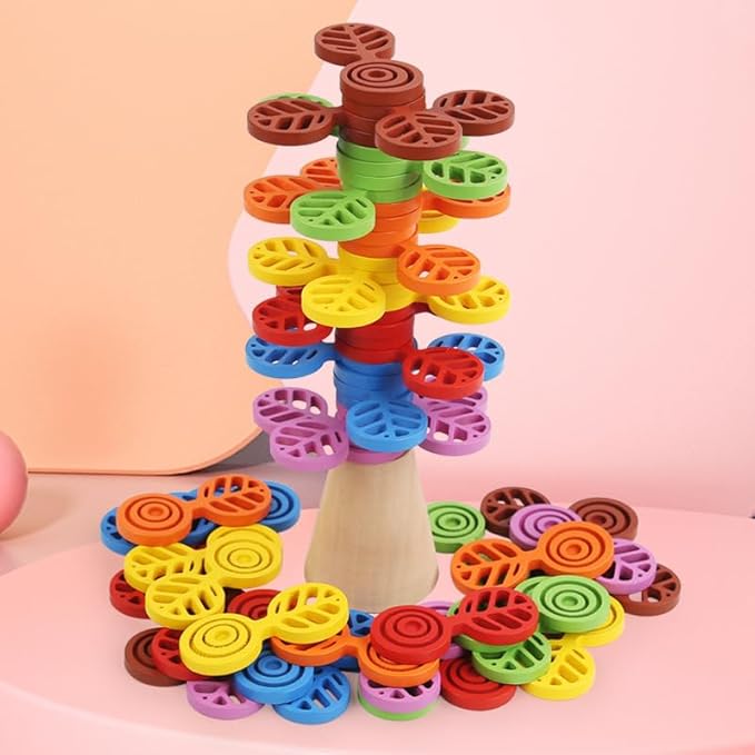 Wooden Colorful Stacking Tree Toy, Building Blocks for Kids Boys and Girls, 56 PCs Wood Balancing Blocks Montessori Toy Gift for Kids Age 3+