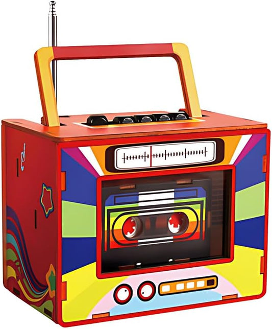 3D Puzzle Vintage Radio, DIY Assembly Model with FM Radio Function, Wood Construction, (Red)