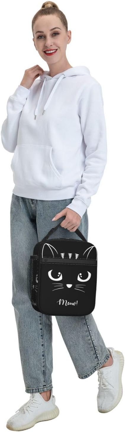 Black Cat Reusable Lunch Box Food Bag Insulated Lunch Bag for Teenage Boys Girls School Beach